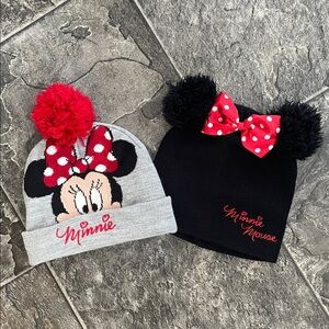 SET OF DISNEY Minnie Mouse Kids Girlhood Touque Beanies w PomPoms Embroidering